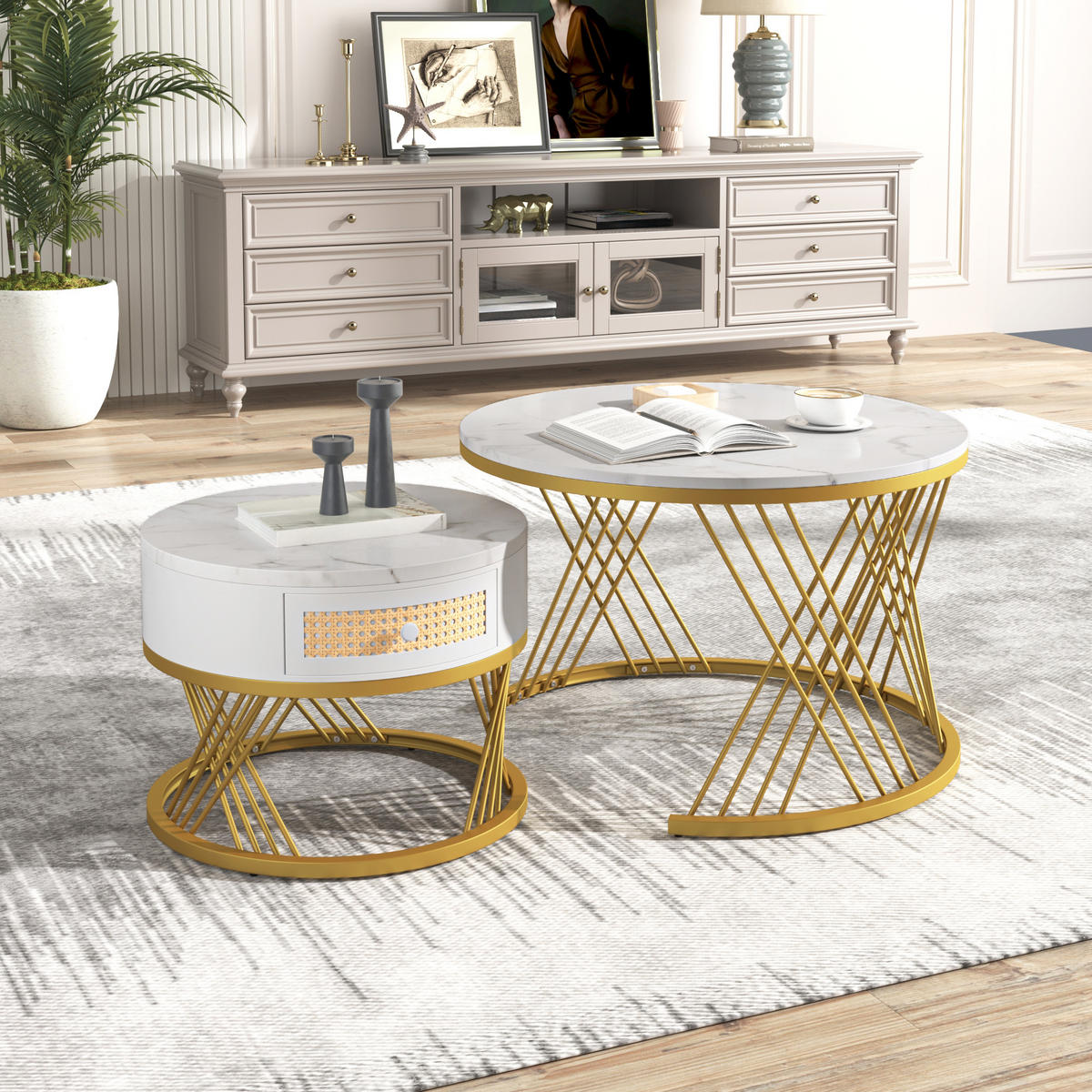 COUCHTISCH-SET 70/70/45,5 cm Weiß aus Holzwerkstoff mit Schublade und platzsparender 2-in-1 Funktion - Weiß, Holzwerkstoff (70/70/48cm) - OKWISH