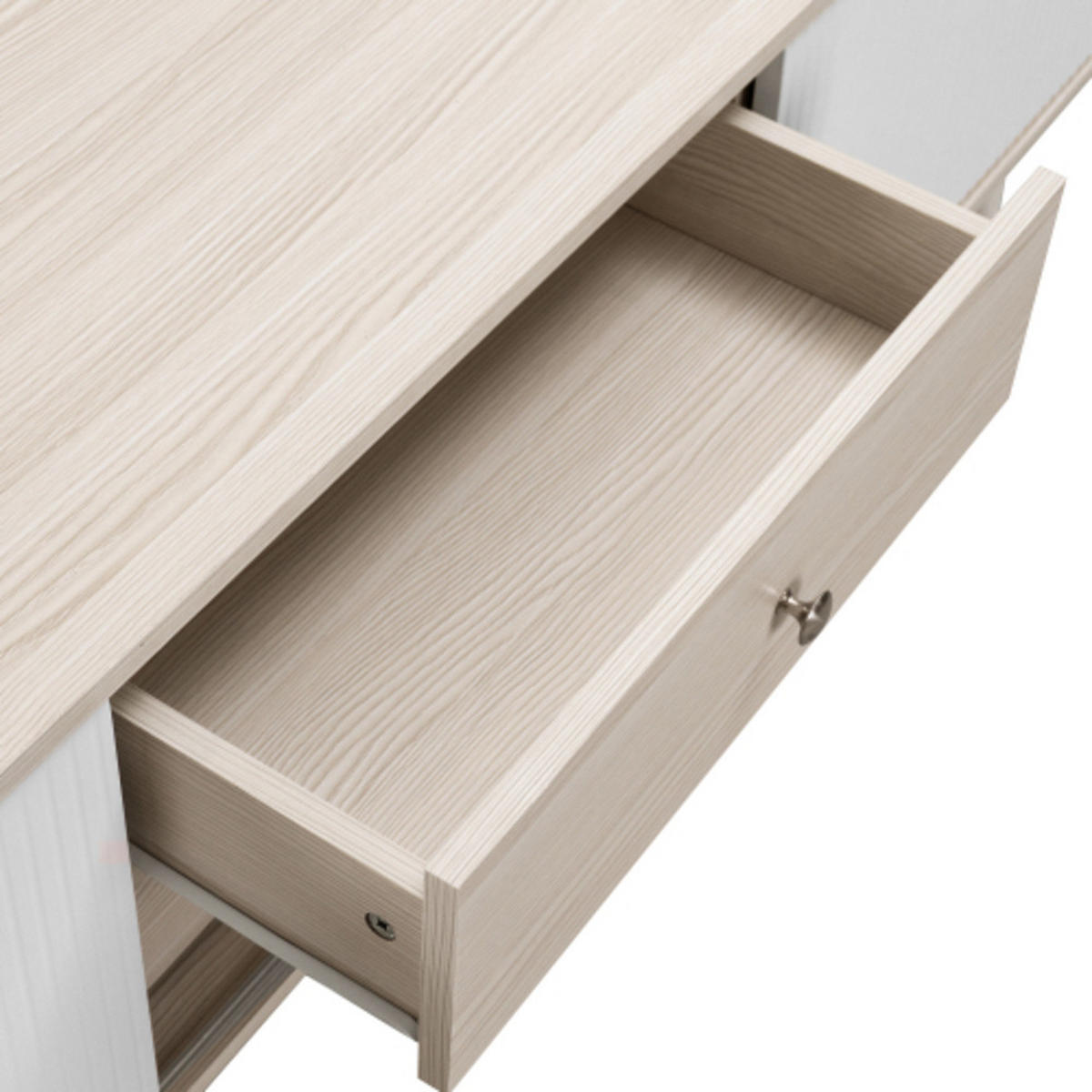 LOWBOARD Weiß aus Spanplatte mit gestreiften Schiebetüren und Massivholzbeinen 160×40×58 cm - Weiß, Holzwerkstoff (160/58/40cm) - Luhomfu
