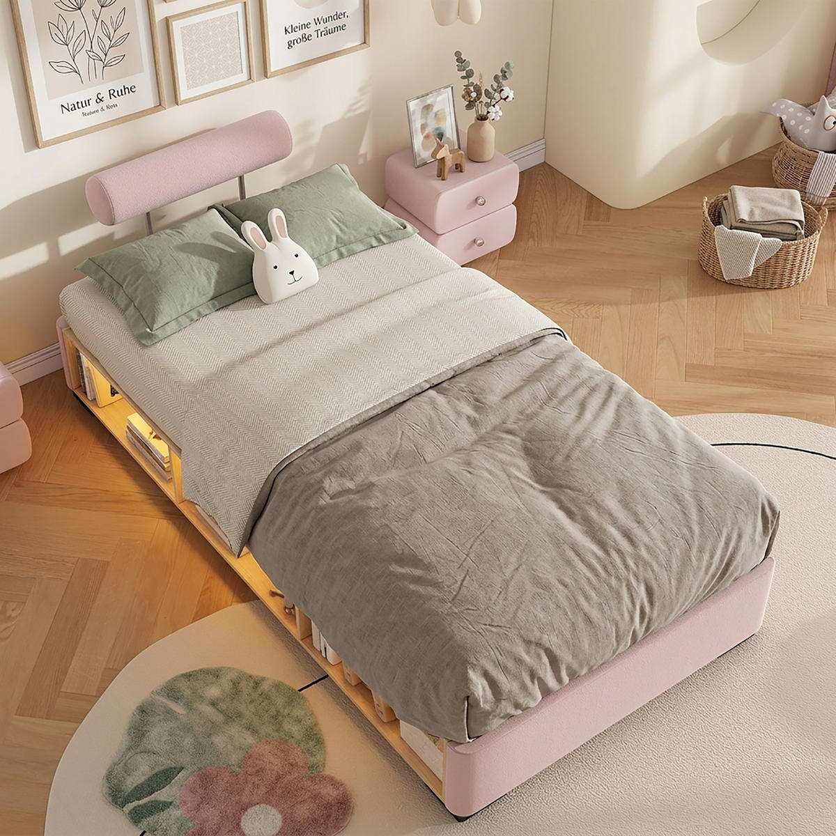 POLSTERBETT 90/200 cm in Pink mit offenem Stauraum, LED und flexibel montierbaren Kopfstützen aus Samt - Schwarz/Rosa, Holzwerkstoff/Textil - STILVORA