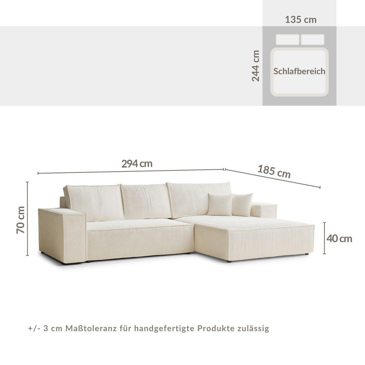 ECKSOFA Maze Beige grau Chenille-Stoff - Rechts Seite - Greige/Schwarz, Holz/Holzwerkstoff (294/185cm) - Maison de Reve