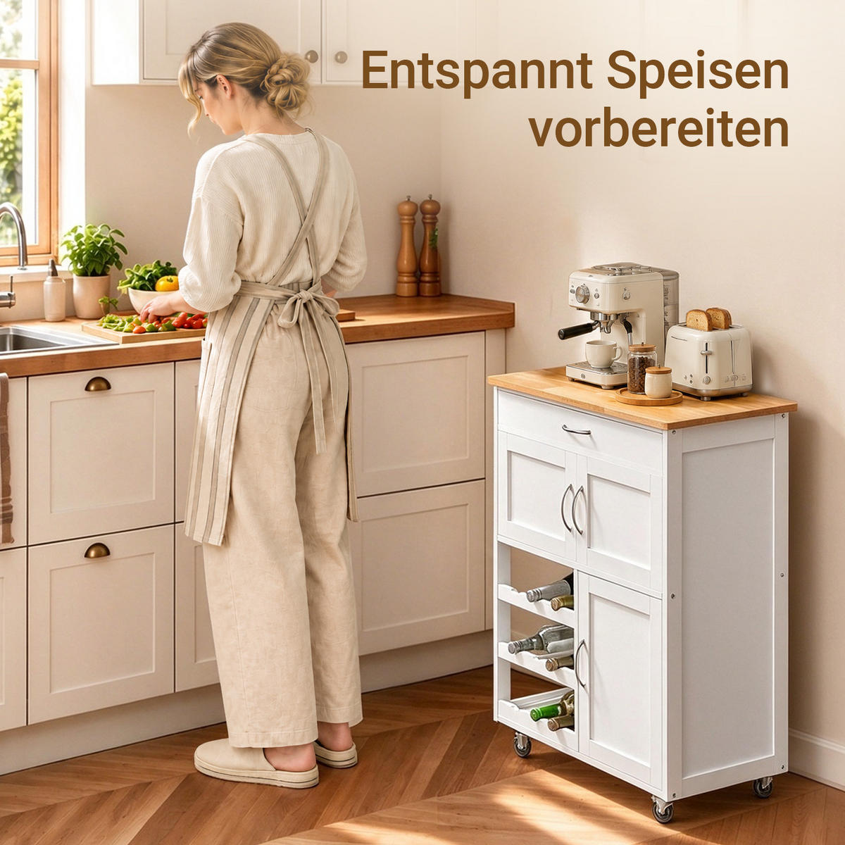 KÜCHENWAGEN, 67x86x38 cm, weiß mit Gummibaumholz-Platte, 360°-Rollen mit Bremse, Weinregal & Schublade, Küche/Esszimmer/Balkon - Weiß, Holzwerkstoff (67/87/38cm) - SoBuy