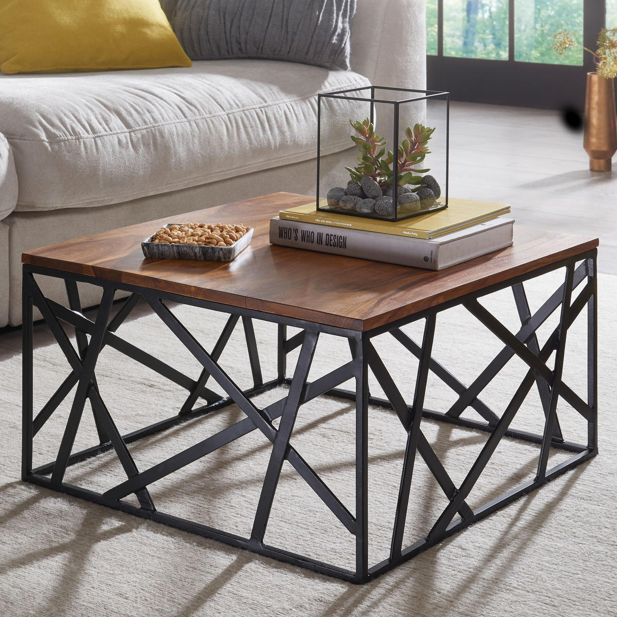 COUCHTISCH Industrial Stil, Sheesham Holz, Schwarzes Metallgestell, 60x60 cm - Schwarz/Braun, Holz/Metall (60/60/35cm) - KADIMA DESIGN