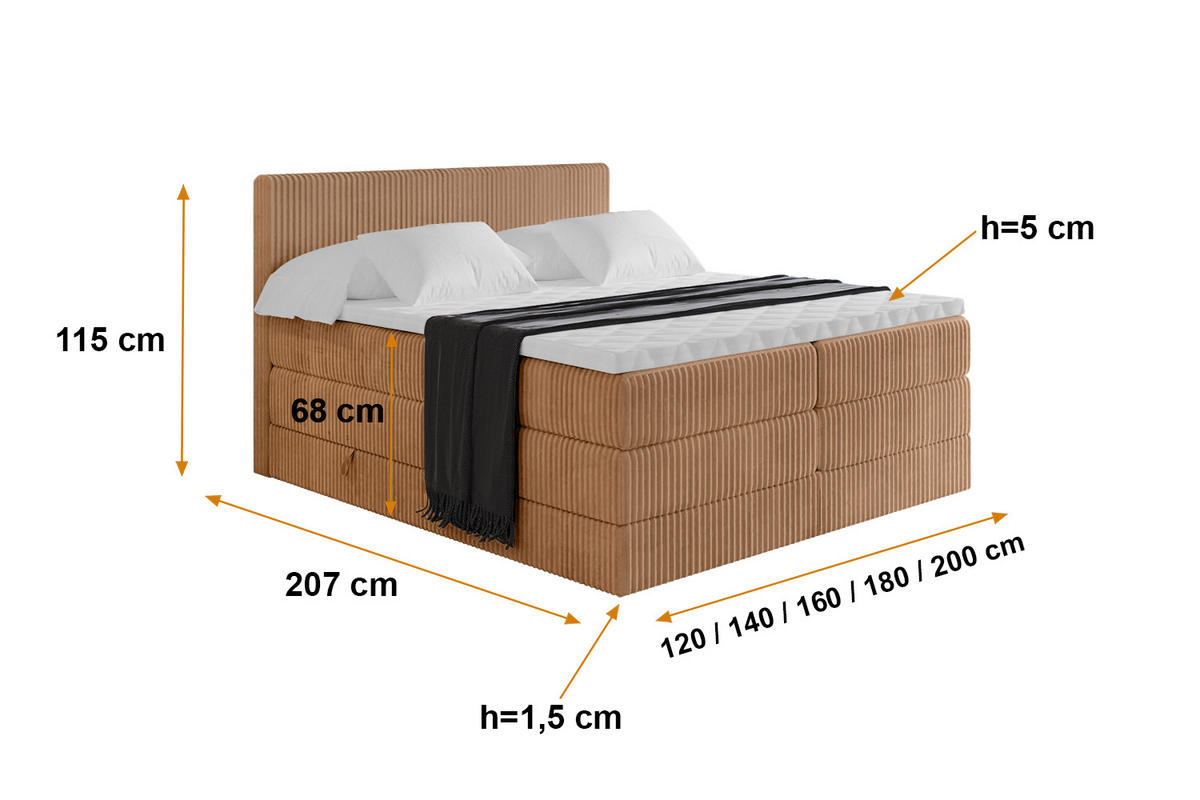 BOXSPRINGBETT mit Matratze H3|H4 und Lattenrost - TOLO KING 140x200 Cord - Rotbraun - Rotbraun, Holzwerkstoff (140/200cm) - ALTDECOR