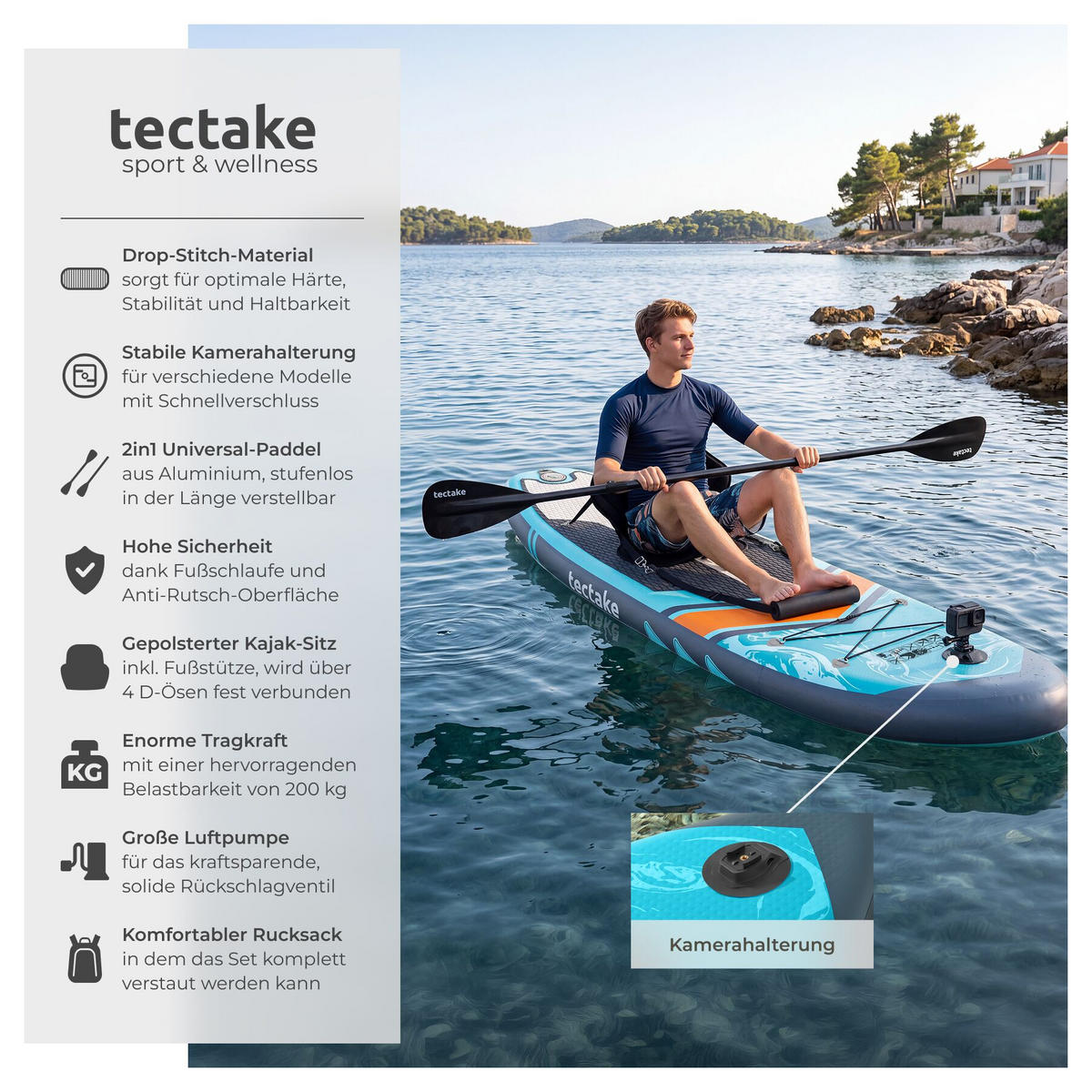 STAND-UP PADDLE BOARD Palagios, Belastbarkeit 200 kg, inklusive Kajak-Sitz, türkis/orange - Türkis, Kunststoff (288/77/0.23cm) - tectake