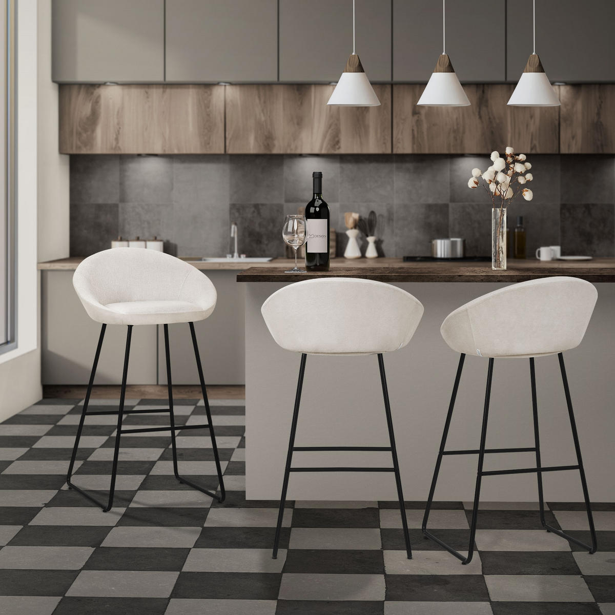 BARHOCKER 2er Set Beige mit Stoffbezug - Beige/Schwarz, Metall (56/94/50cm) - ML-DESIGN