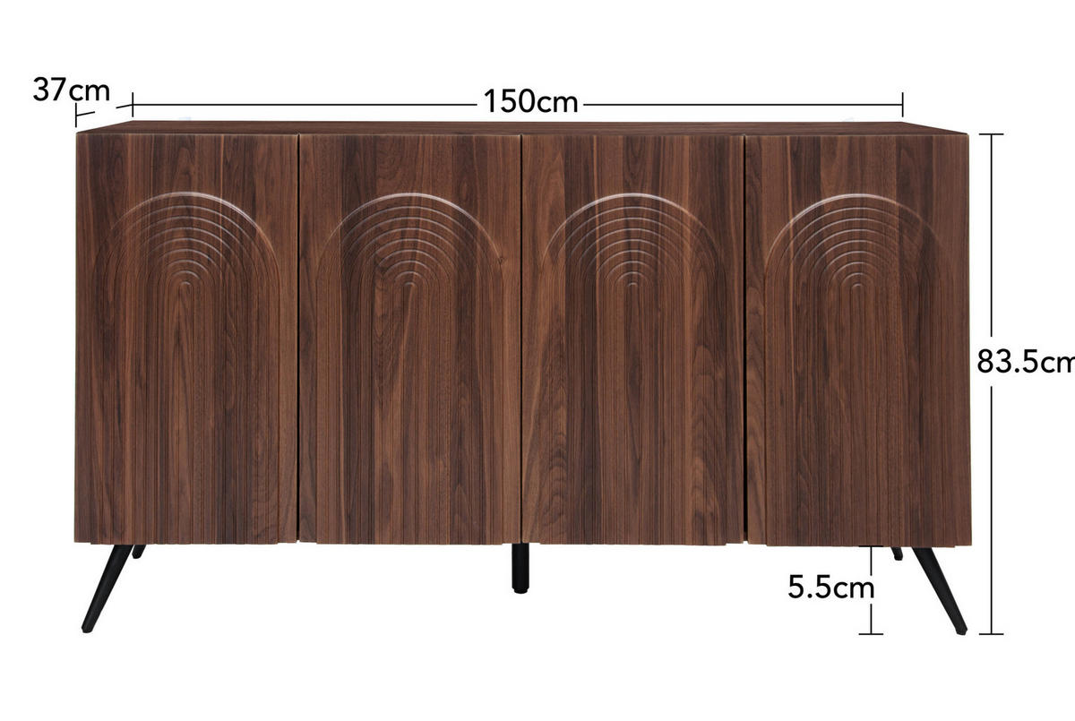 SIDEBOARD mit 4 Türen, verstellbaren Einlegeböden, 3D-Rillen und Magnetverschluss, Walnussbraun - Walnussfarben, Holzwerkstoff (150/83/38cm) - Redom