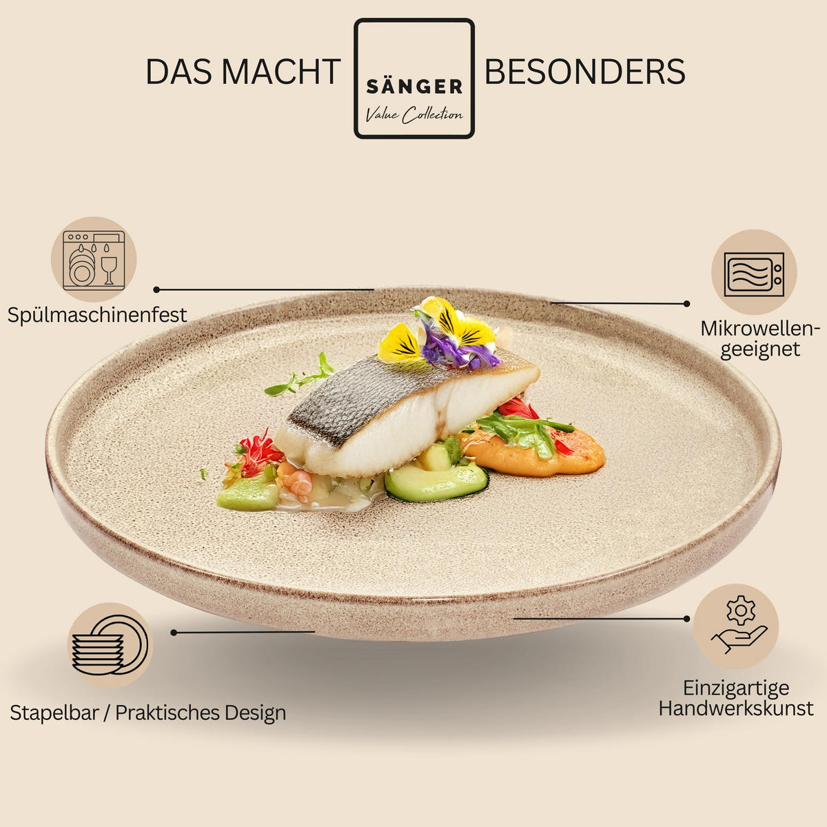 SPEISETELLER SET KAIRO MOCHA - 6 teilig aus Steingut - Beige, Keramik (35cm) - Sänger