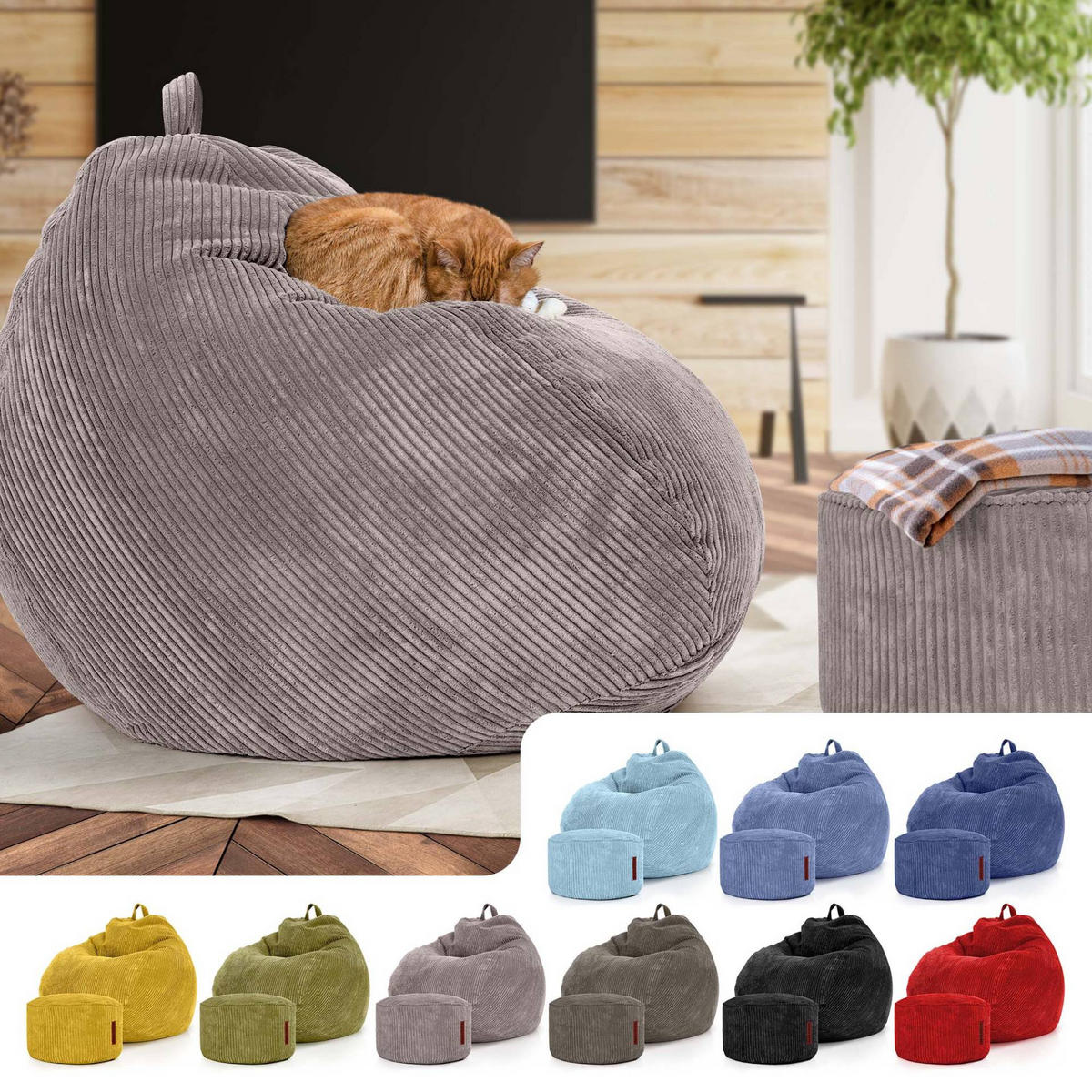 XXL-SITZSACK 2er Set + Pouf - Cordstoff - Grau, Textil (90/110/90cm) - Green Bean