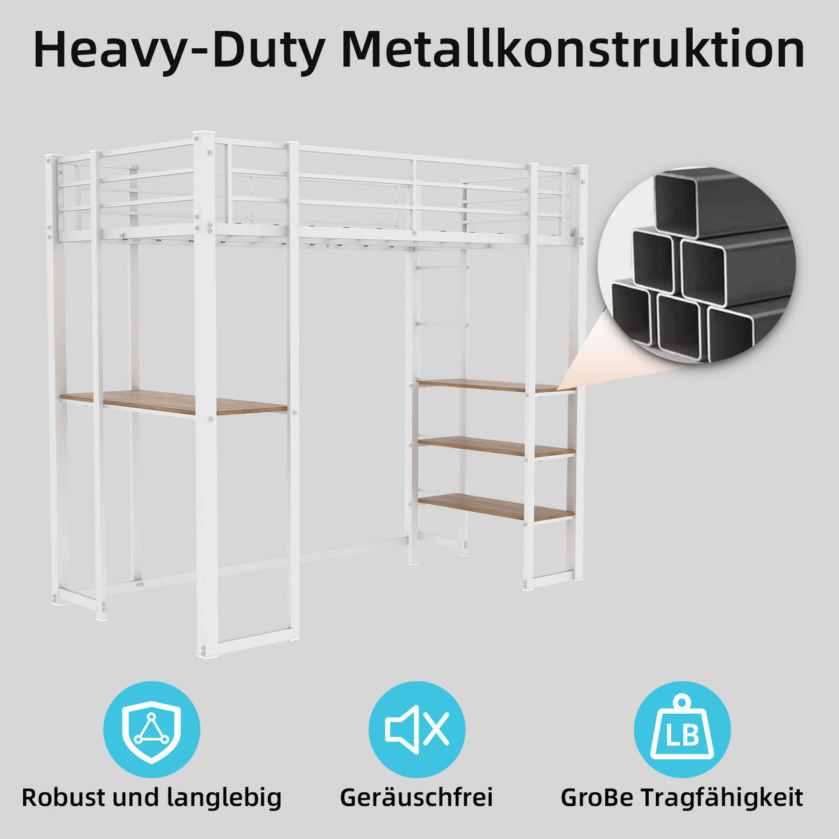 EISENBETT 90x190cm, Bett, Tisch, Geländer, Treppen, Stauraum, Kinder, Jugend - Weiß, Metall (100/200cm)