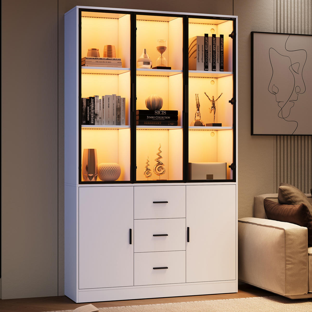 VITRINE 120x30x200 cm Weiß mit LED und 3 Schubladen - Weiß, Holzwerkstoff (120/200/30cm) - FLIEKS