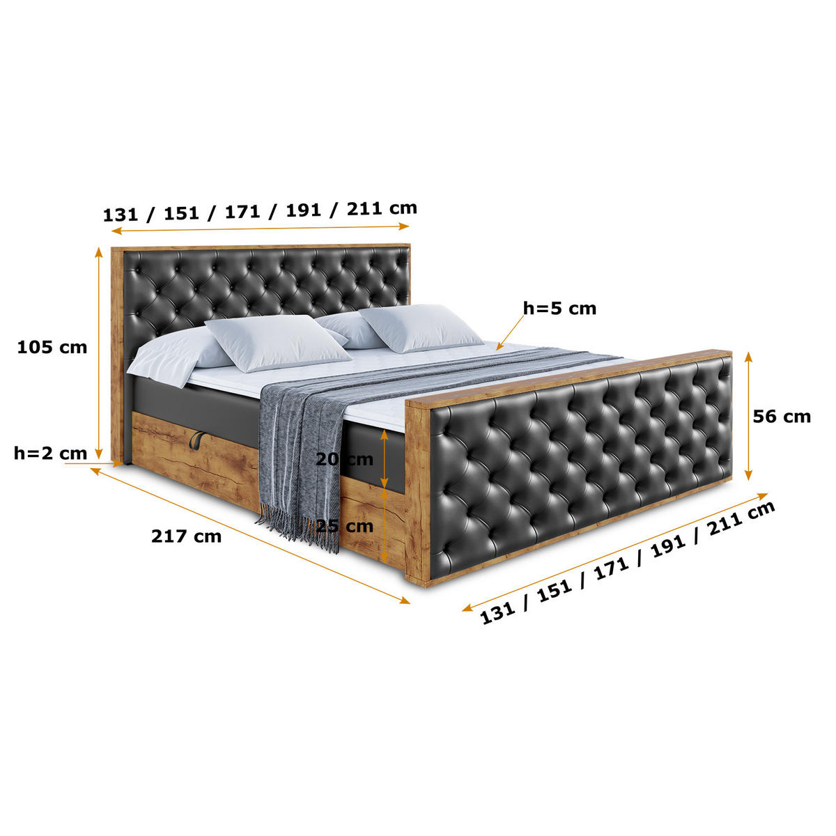 BOXBETT mit Matratze H4 und Lattenrost - LOLLI3-Z - 160x200 - Schwarz Kunstleder - Schwarz, Holzwerkstoff (160/200cm) - ALTDECOR