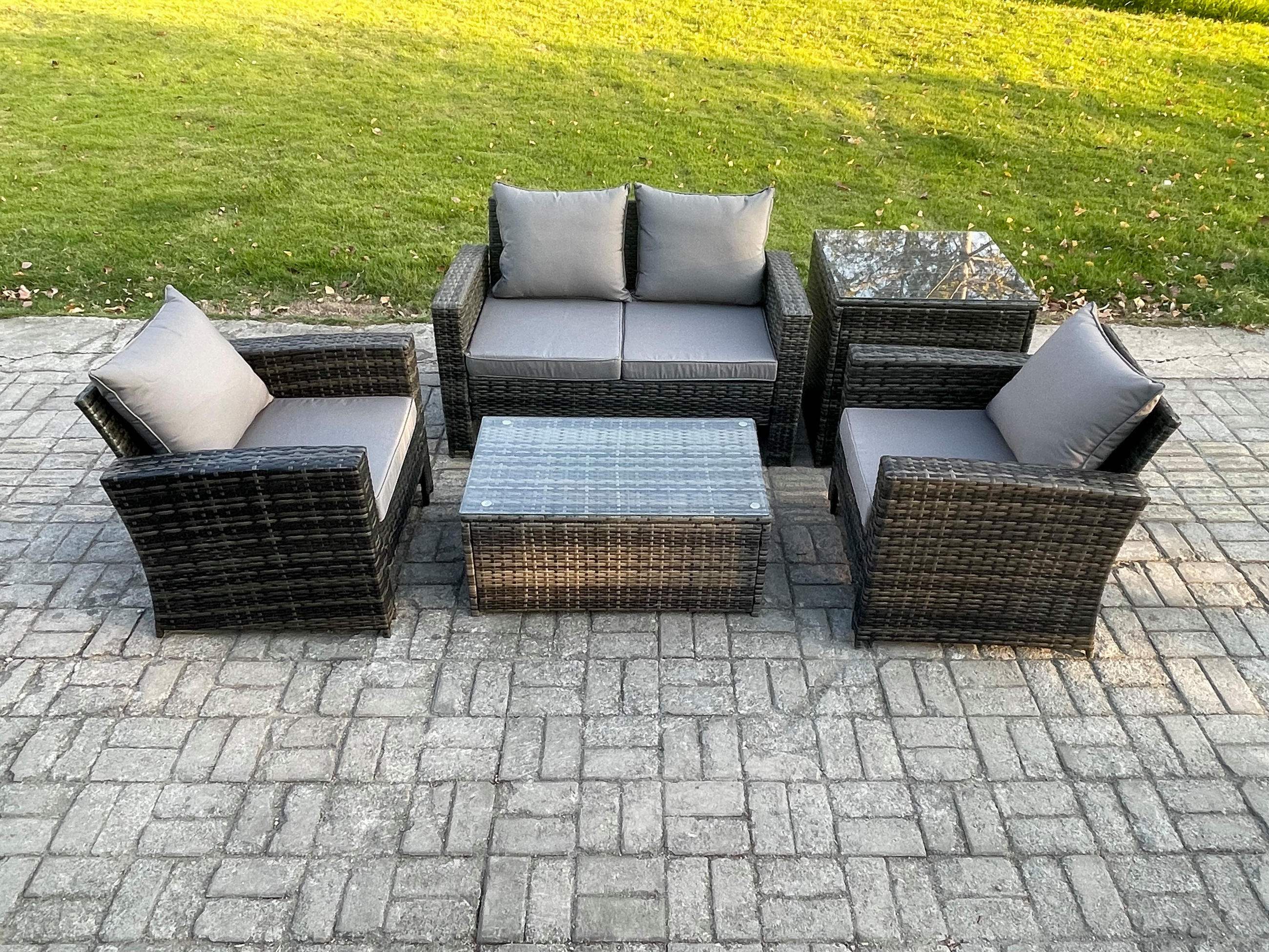 GARTENGARNITUR Polyrattan Dunkelgrau 9-Sitzer - Dunkelgrau, Metall - Fimous