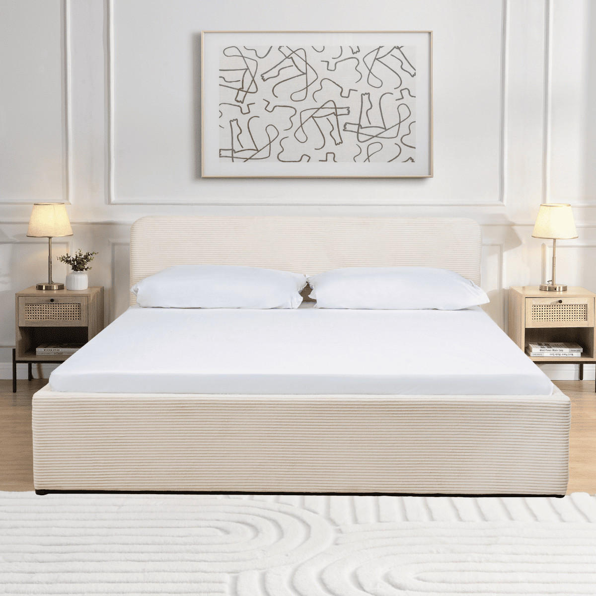 BETTKASTEN 160x200 cm mit kopfteil bezogen mit beigem - livy - Beige, Holz (200/160cm) - Calicosy