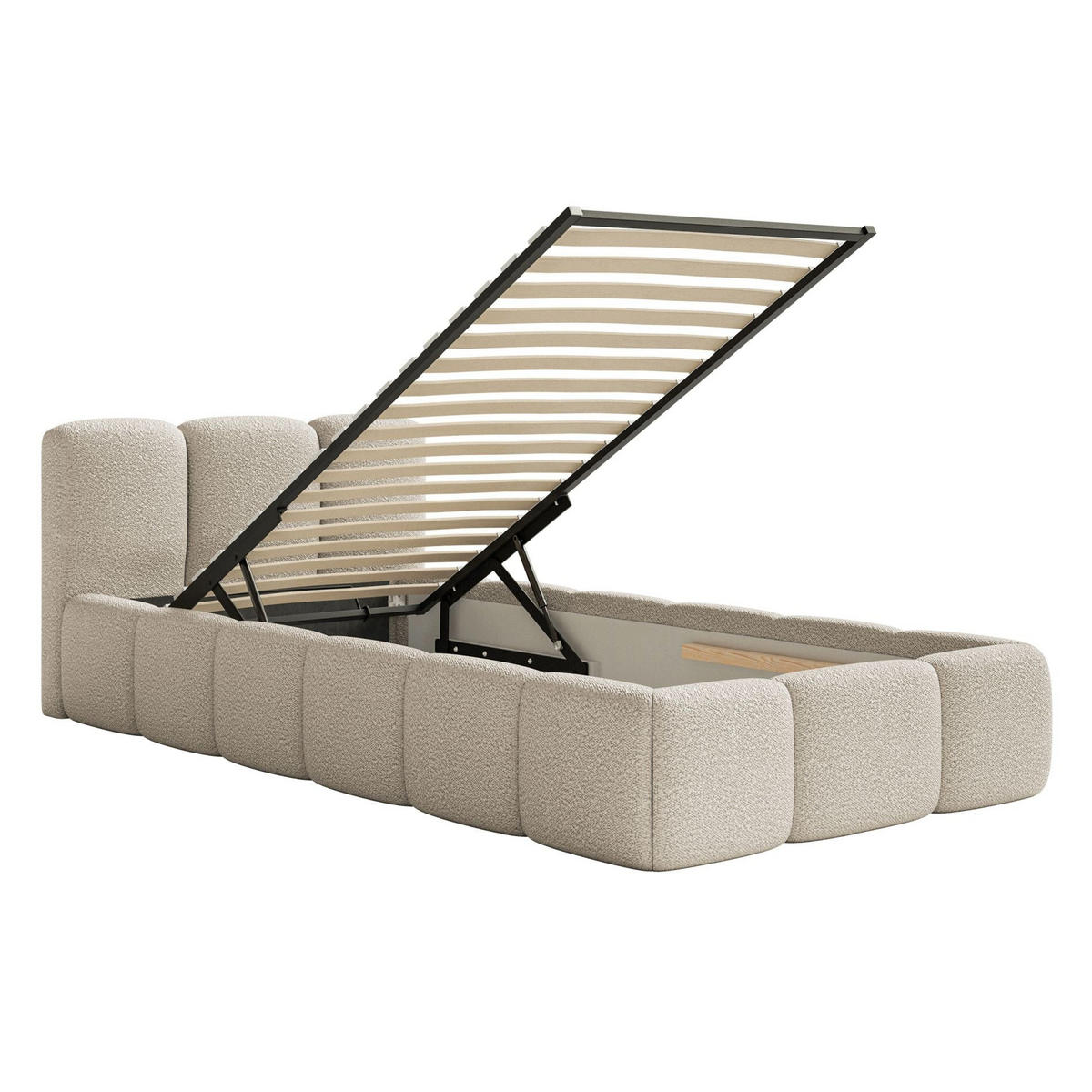 POLSTERBETT Cloudy Low Hellbeige Bouclé, Bettkasten & Lattenrost, 90x200 cm - Ecru/Schwarz, Kunststoff/Textil (90/200cm) - Selsey