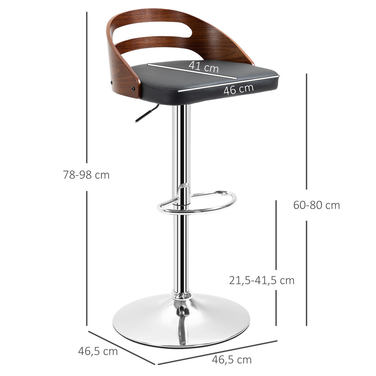 BARHOCKER 2er-Set DE-14696 höhenverstellbar & schwenkbar mit Holz-Dekor Schwarz - Schwarz, Metall (44.5/100/46.5cm) - ComfortXL