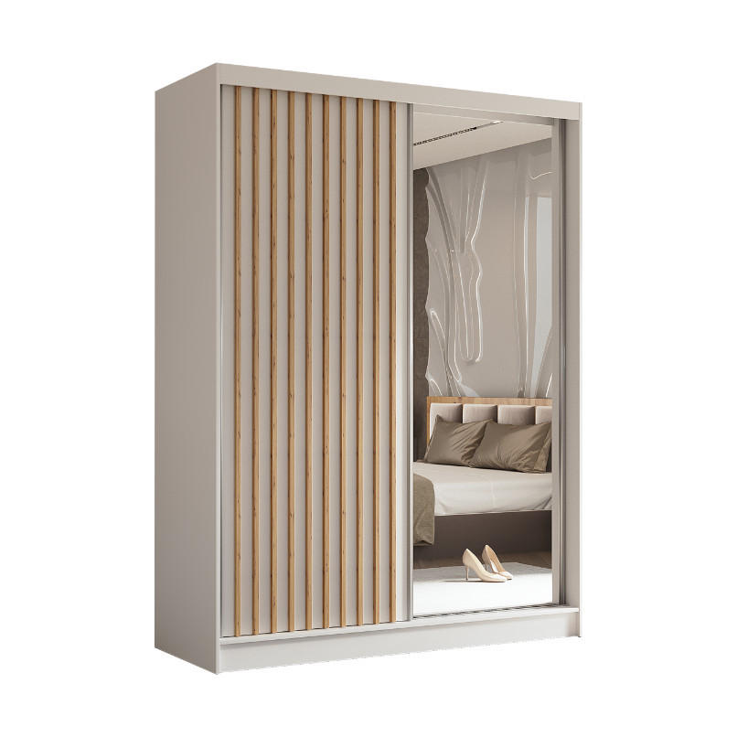 SCHWEBETÜRENSCHRANK Erika 160 cm mit Lamellen und Spiegel 2-türig, weiß, weiß, Lamelle Artisan - Weiß/Eiche Artisan, Kunststoff (160/216/51cm) - Margaret Hadas24