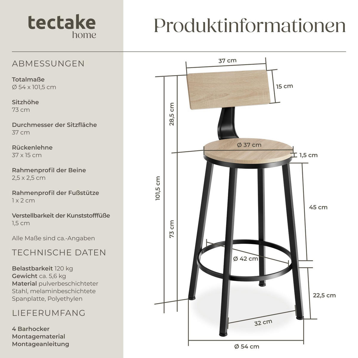 SET BARHOCKER Poole, Sitzhöhe 73 cm, Industrial Holz hell, Eiche Sonoma - Naturfarben, Holzwerkstoff/Textil (54/101.5/54cm) - tectake