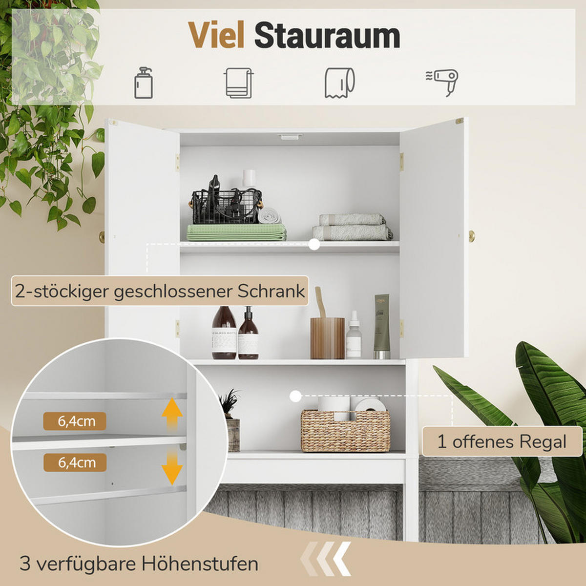 TOILETTENSCHRANK mit Türen weiß - Weiß, Holzwerkstoff (60/168/23cm) - COSTWAY