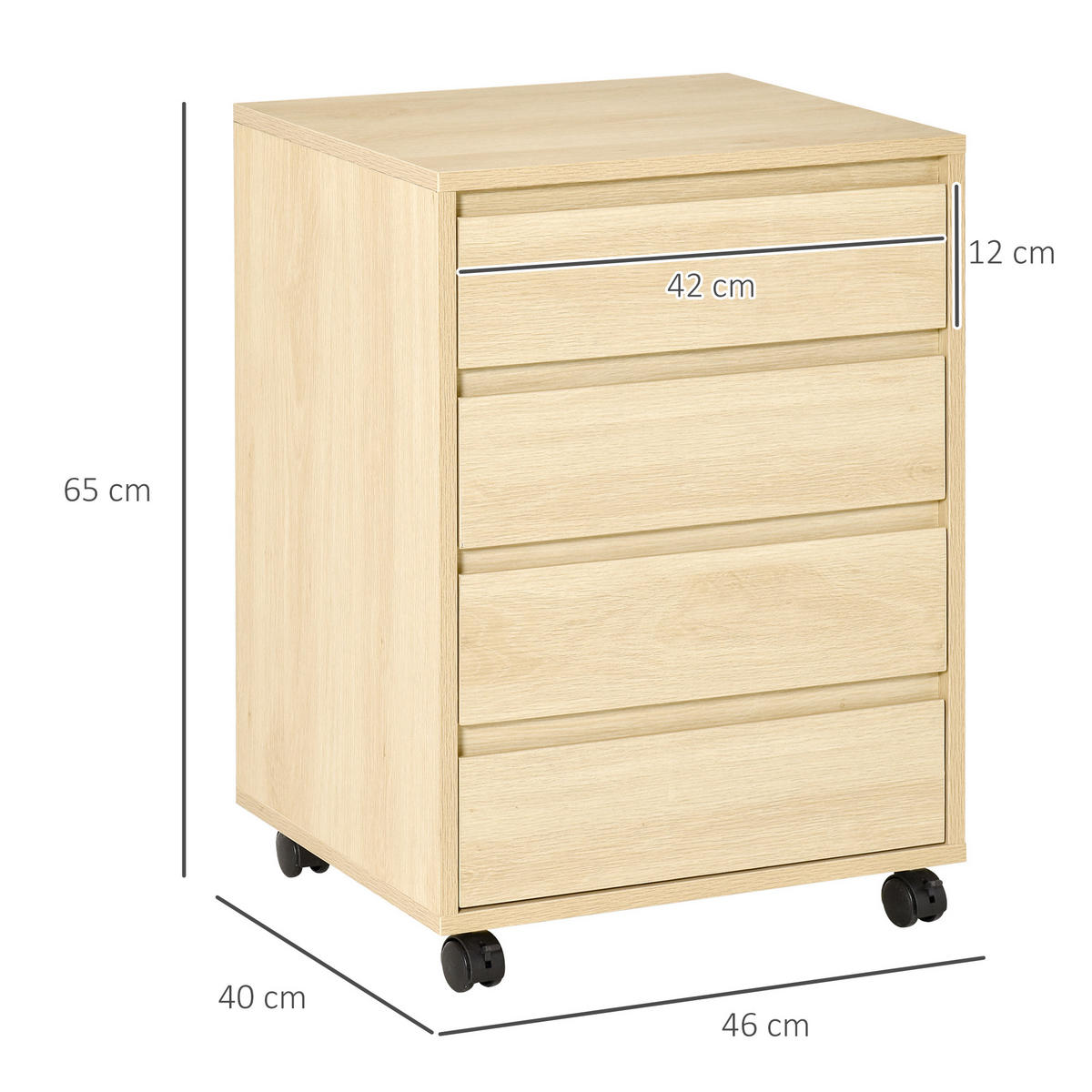 ROLLCONTAINER DE-14408 4 Schubladen, rollbar Holz hell - Naturfarben, Holzwerkstoff (40/65/46cm) - ComfortXL