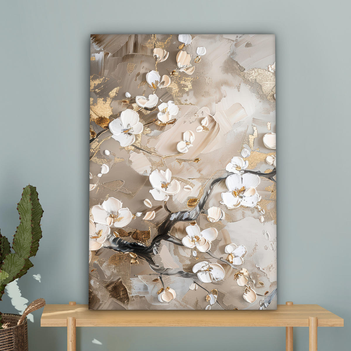 LEINWANDBILD - Blumen - Weiß - Gold - Beige - Luxus - 60x90 - Kunstdruck - Greige, Textil (60/90cm) - MuchoWow