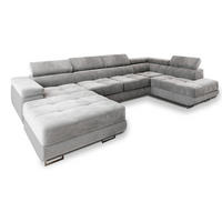 WOHNLANDSCHAFT CASONE R-S Hellgrau Velours-Stoff mit Schlaffunktion - Hellgrau, Holz (345/90/202cm) - MASSENO