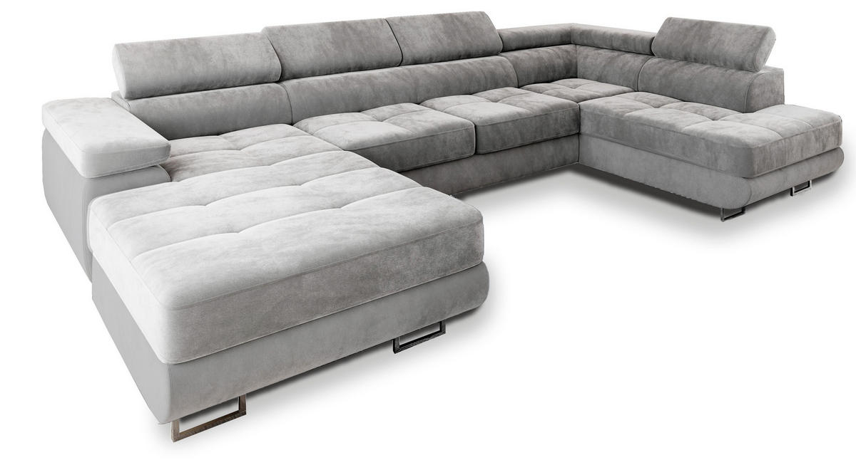 WOHNLANDSCHAFT CASONE R-S Hellgrau Velours-Stoff mit Schlaffunktion - Hellgrau, Holz (345/90/202cm) - MASSENO