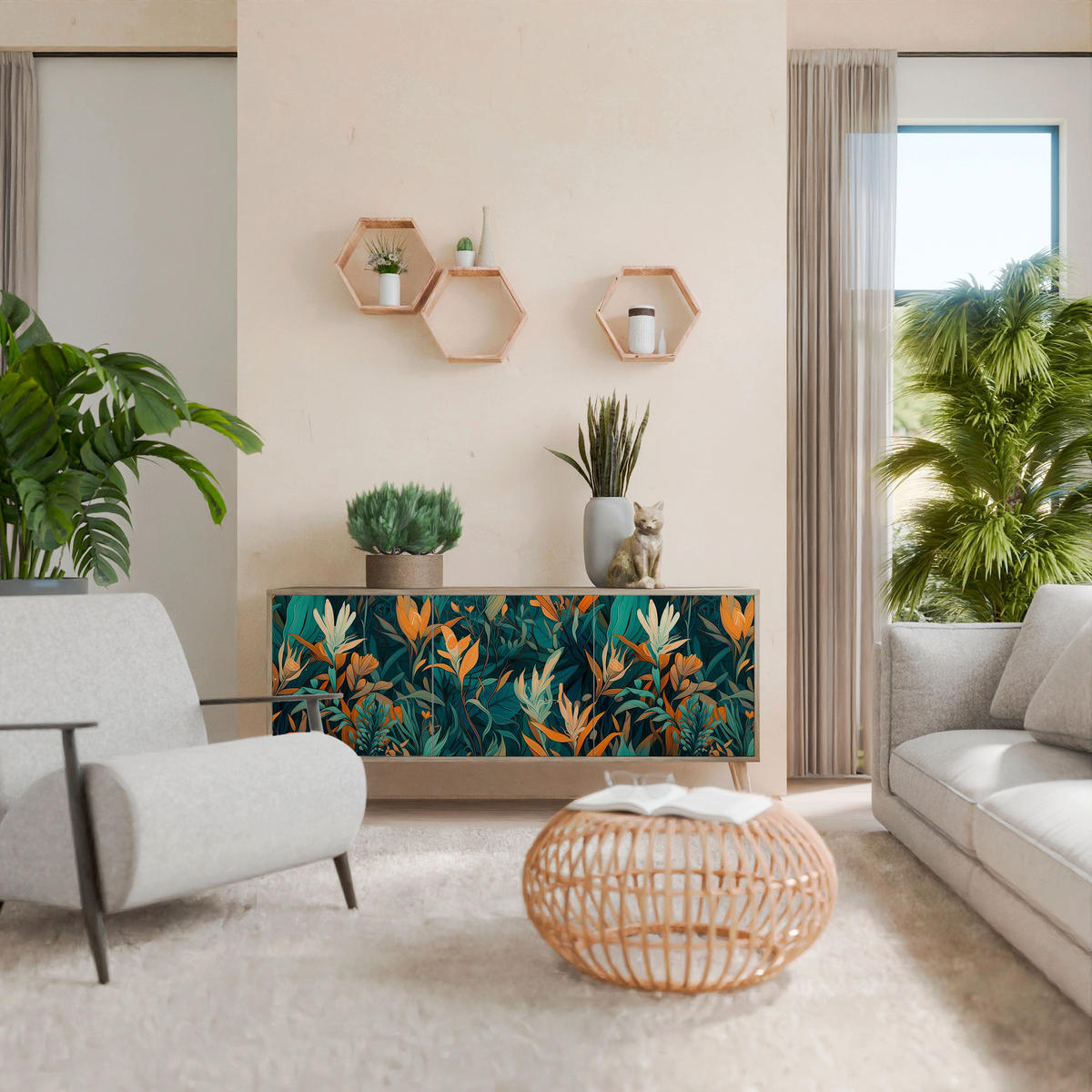 SIDEBOARD FLORAL SERENITY, Eicheneffekt, 164,5x42x77,5 cm, 3 Türen - Eichefarben/Buchefarben, Holzwerkstoff/Buchenholz (164.5/77.5/42cm) - SpaceRebels