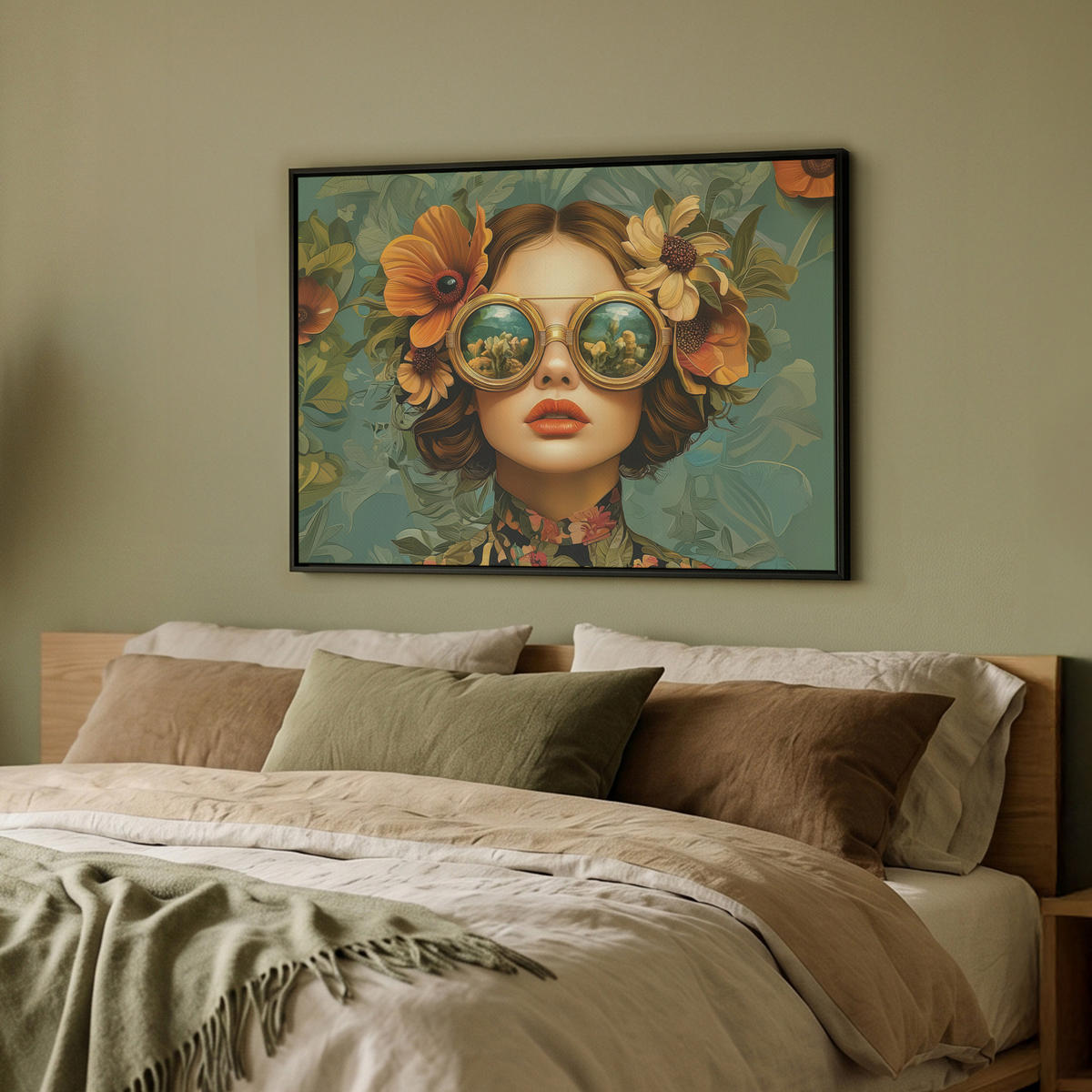 LEINWAND Bilder mit Rahmen - Frau - Blumen - Schmetterlinge - Natur - Vintage - 70x50 - Salbeigrün, Textil (70/50cm) - MuchoWow