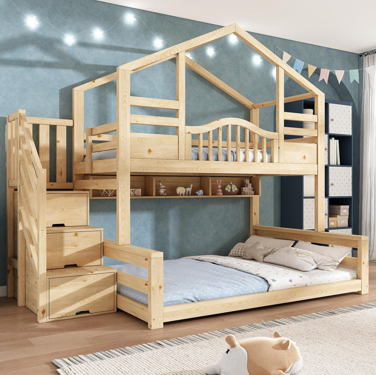 ETAGENBETT mit Treppenschrank 90x200 und 140x200 cm Natur, 4-tlg. - Beige, Holzwerkstoff (140/200cm) - Beauniv