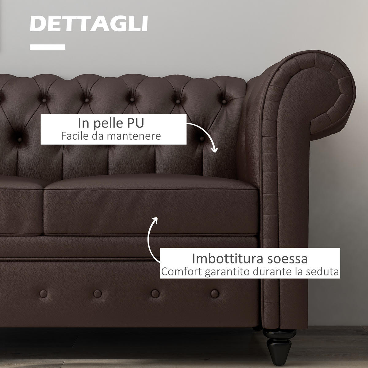 SOFA, 2-Sitzer, Chesterfield, abnehmbare Kissen, Kunstleder, braun, 160x84x80cm - Multicolor, Holzwerkstoff (160/80/84cm) - FORIOUS