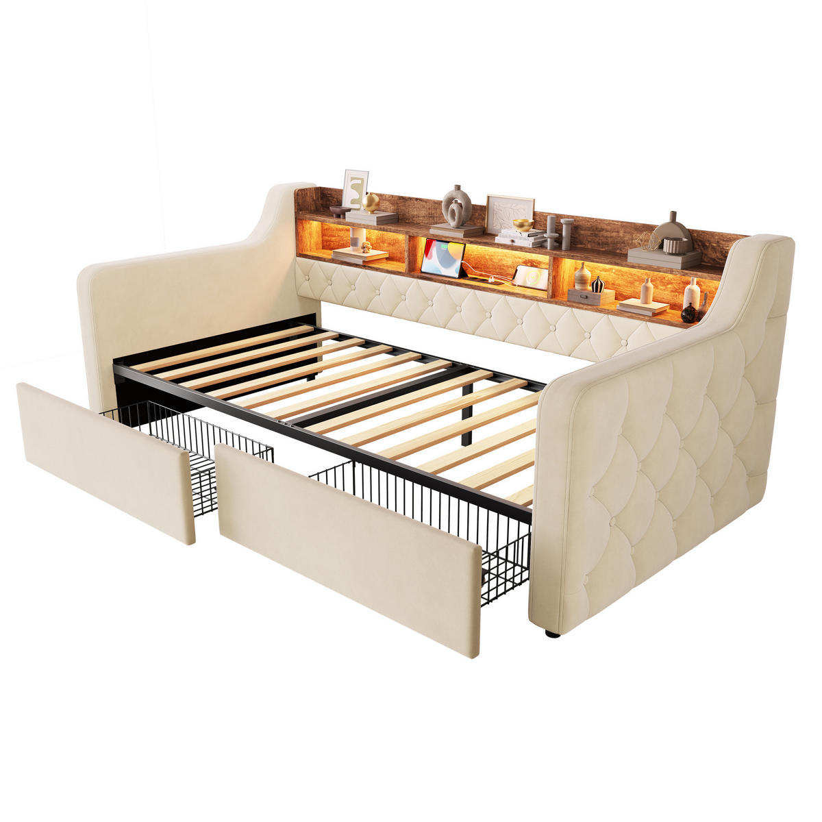 POLSTERBETT aus Velvet 90x190 cm Beige mit LED-Beleuchtung, Ladefunktion und 2 Schubladen - Beige, Textil (90/190cm) - Modfu