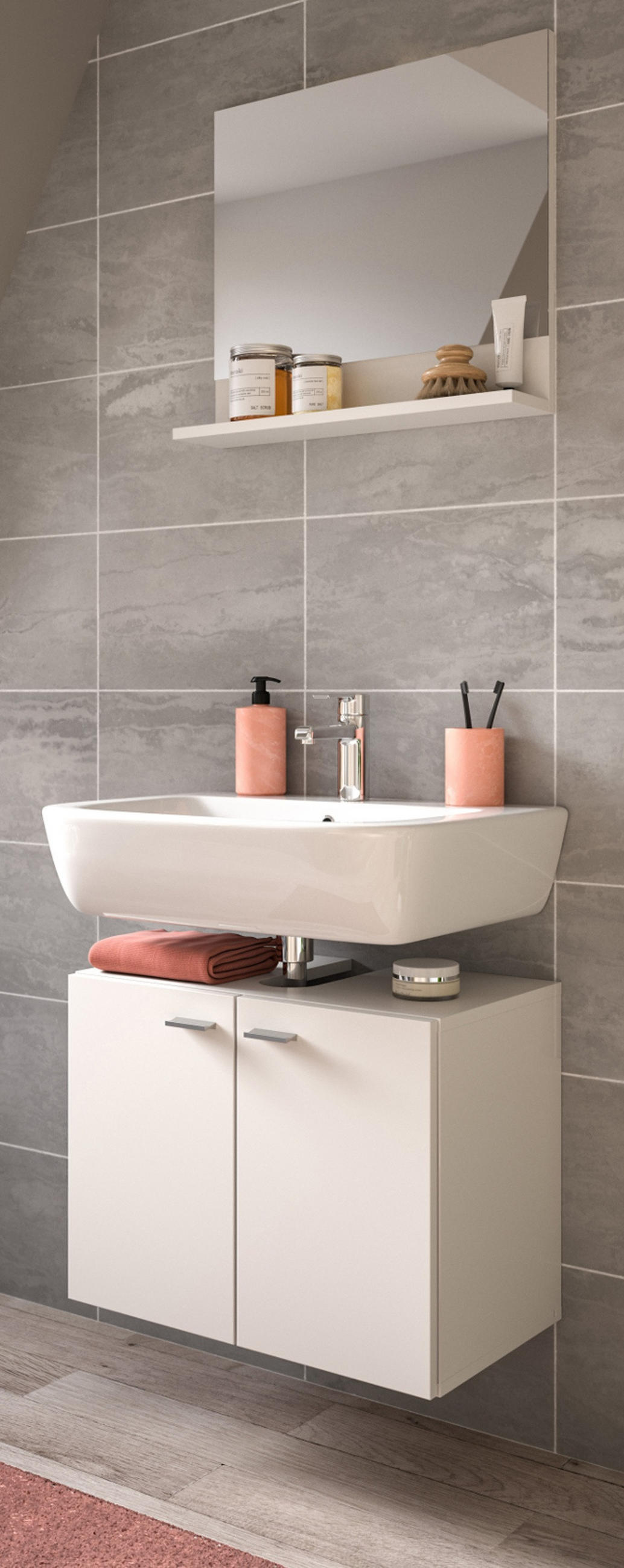 BADMÖBEL-SET weiß 2-teilig 57 cm, Kombination hängend oder stehend - Weiß, Glas/Holzwerkstoff (57/186/33cm) - Inn.Furn