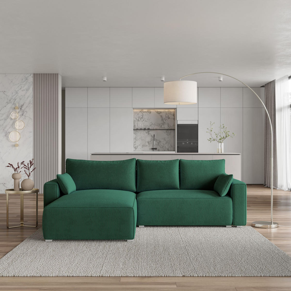 ECKSOFA FORIL P Grün Kordstoff mit Schlaffunktion - Grün, Holz (265/178cm) - MASSENO