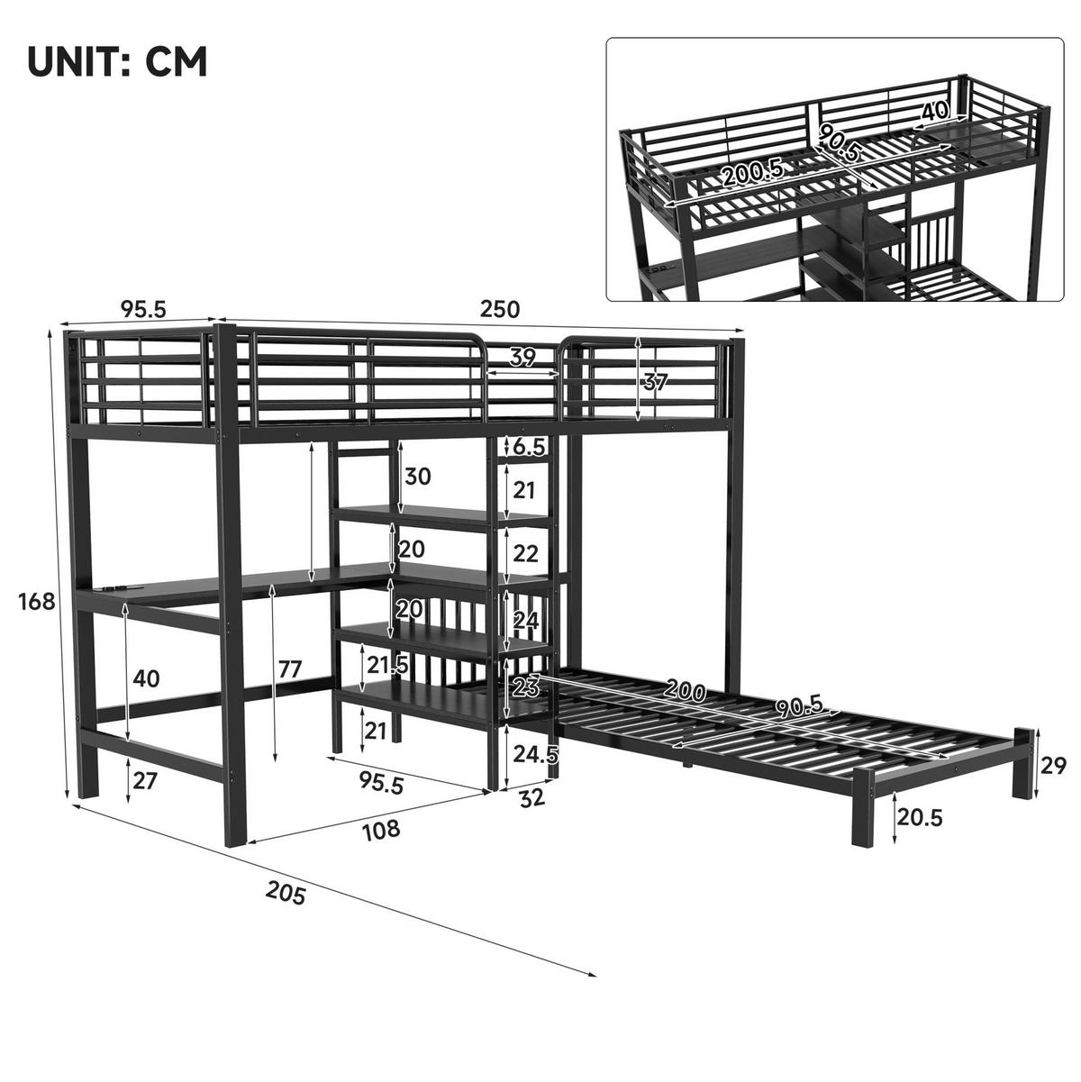 HOCHBETT Metall & MDF 90x200 cm Schwarz mit Schreibtisch, Stauraumtreppe und 2 Schlafplätzen - Schwarz, Holzwerkstoff (90/200cm) - Modfu