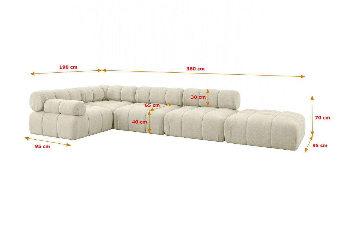 ECKSOFA modulares Sofa Felto-L2 - 380x190x70 cm Beige Velours - Beige, Holzwerkstoff/Textil (380/190cm) - ALTDECOR