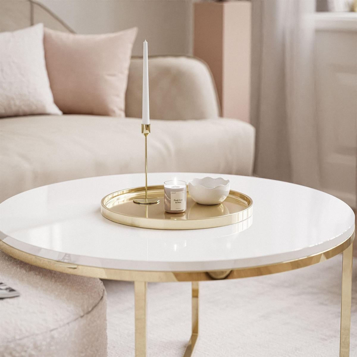 COUCHTISCH CIRI-X mit Hocker Gold Chrom|Weiß Hochglanz|Ascot pink - Weiß Hochglanz/Goldfarben, Holzwerkstoff/Textil (70/70/46cm) - Lookway