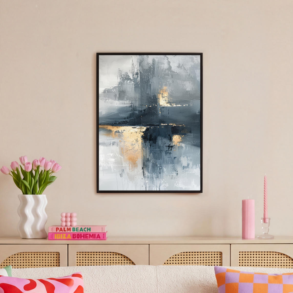 LEINWAND Bilder mit Rahmen - Kunst - Grau - Gold - Abstrakt - 50x70 - Dunkelgrau, Textil (50/70cm) - MuchoWow