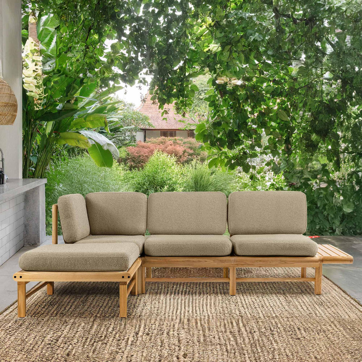 LOUNGESOFA ATREDA links - Beige, Holz/Textil (245/74/150cm) - KONSIMO®
