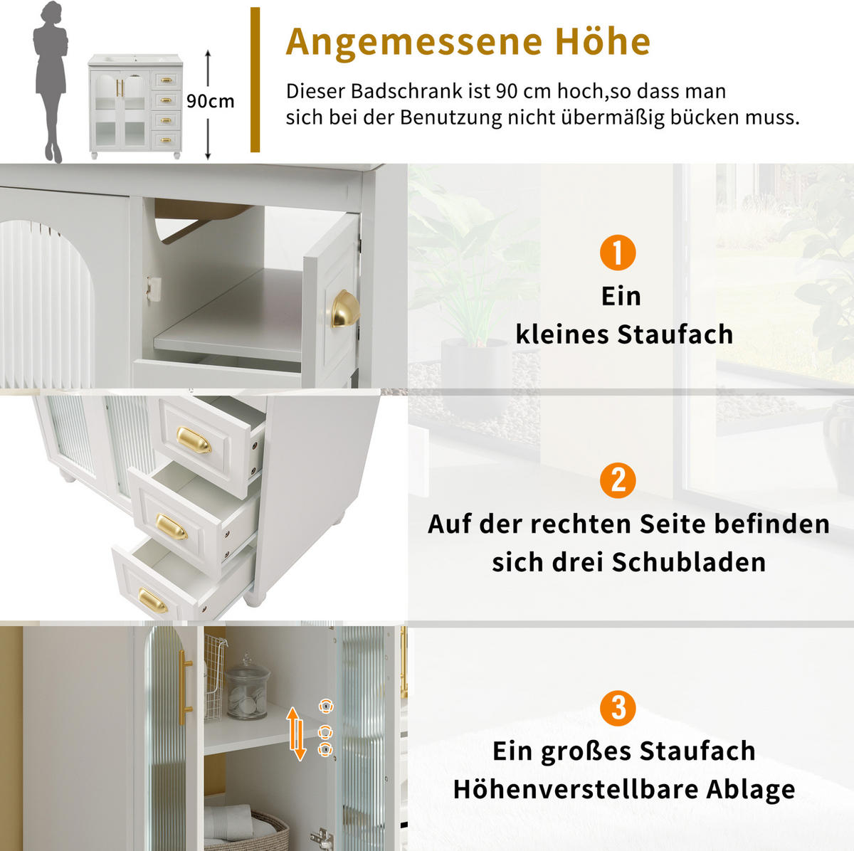BADEZIMMERSCHRANK mit Becken 80x47x90 cm Weiß aus Porzellan & MDF mit 2 Schränken & 3 Schubladen - Weiß, Holzwerkstoff (80/90/47cm) - Modfu