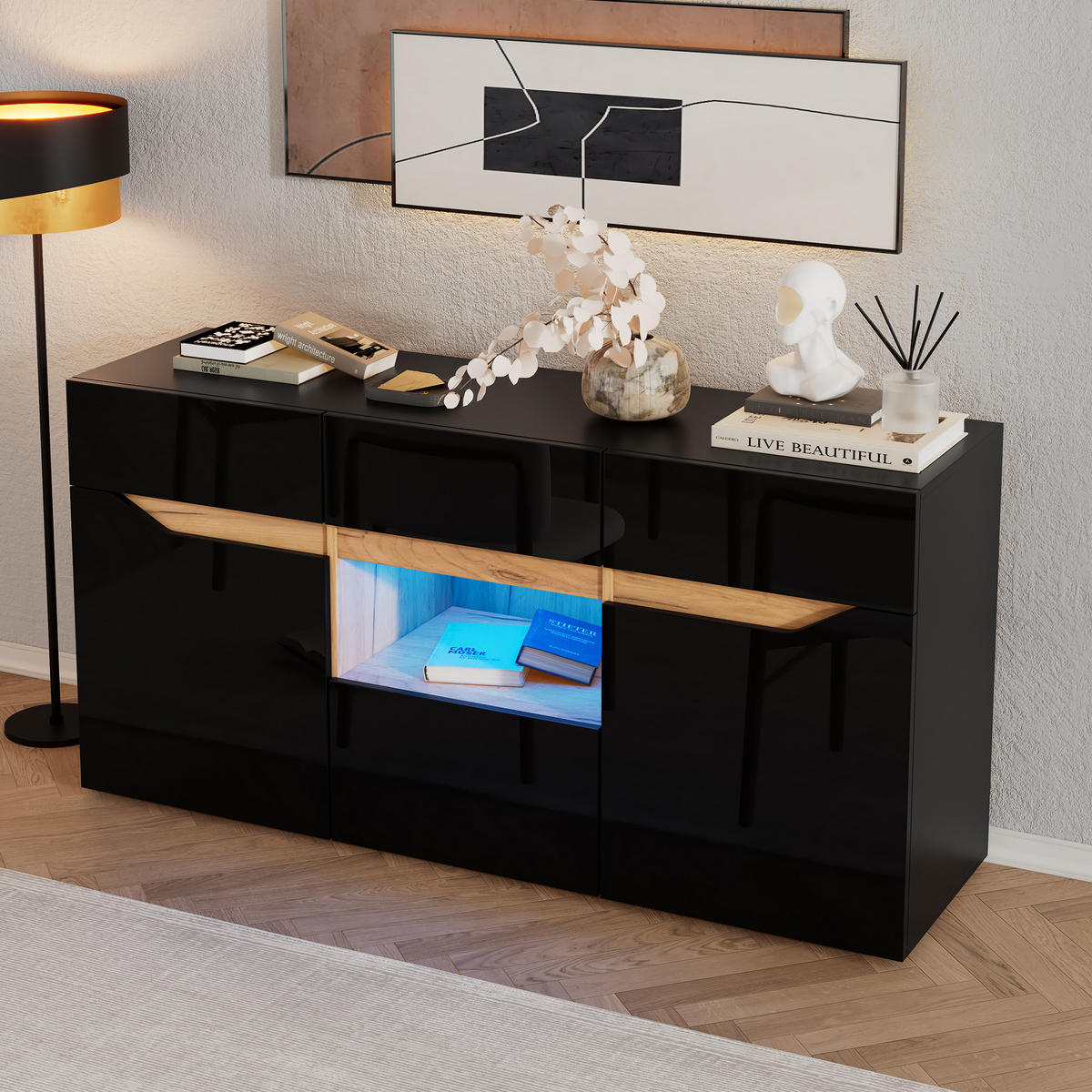 SIDEBOARD LED Schwarz Holz 4 Schubladen 2 Fächer 140x40x70cm - Schwarz, Holzwerkstoff (40/70/140cm) - FLIEKS