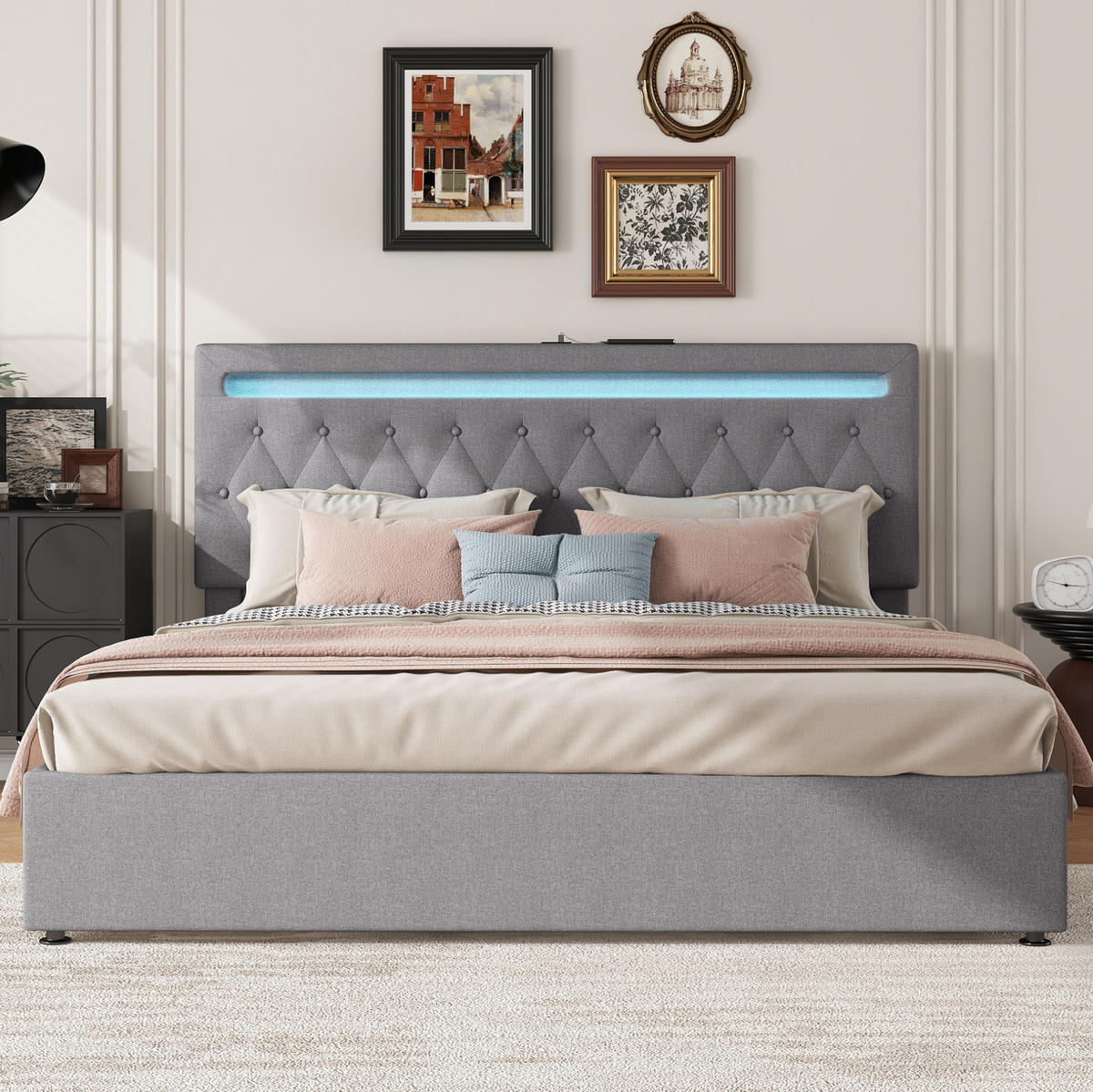 BETT mit Stauraum 180x200 cm Leinen Grau 2 USB-Anschlüsse - Grau, Metall (180/200cm) - Meubliv