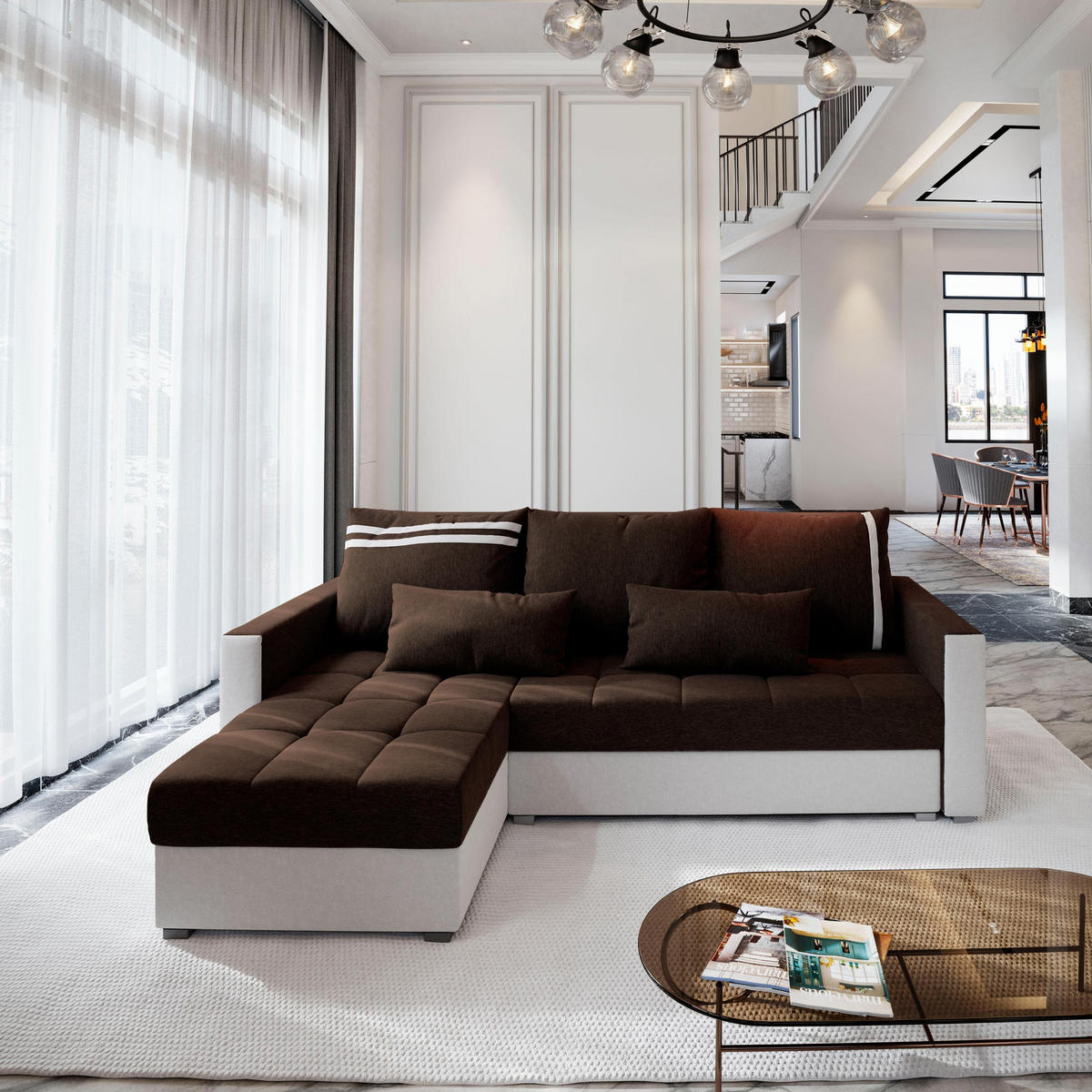 ECKSOFA KOS PIK Braun Dünner Stoff mit Schlaffunktion - Braun/Weiß, Holz (220/140cm) - MASSENO