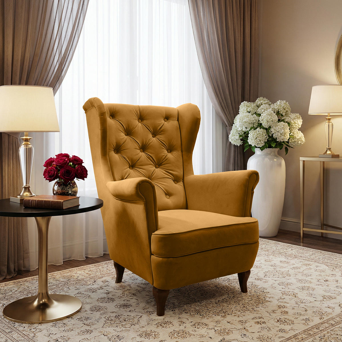 CHESTERFIELD-SESSEL Falco gelb mit Holzbeinen - Wengefarben/Currygelb, Holz/Textil (82/102/92cm) - Beautysofa