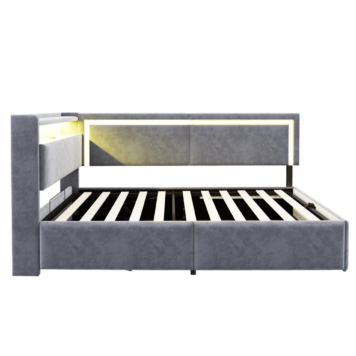 POLSTERBETT 90/200 cm hellgrau aus Samt mit LED und USB Stauraum - Hellgrau, Textil (90/200cm) - OKWISH