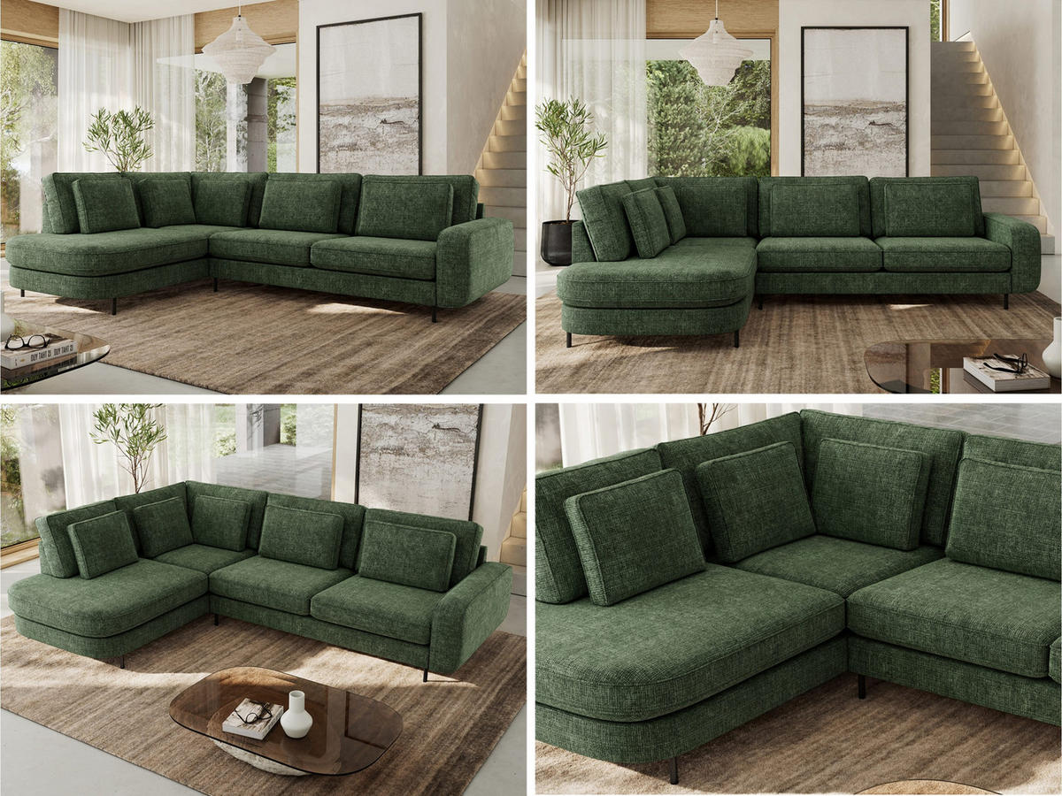 ROHOVÁ SEDAČKA CALENO L - Tmavě zelená hladký senil - Pravá Strana - černá/tmavě zelená, kov/textil (317/225cm) - MKS