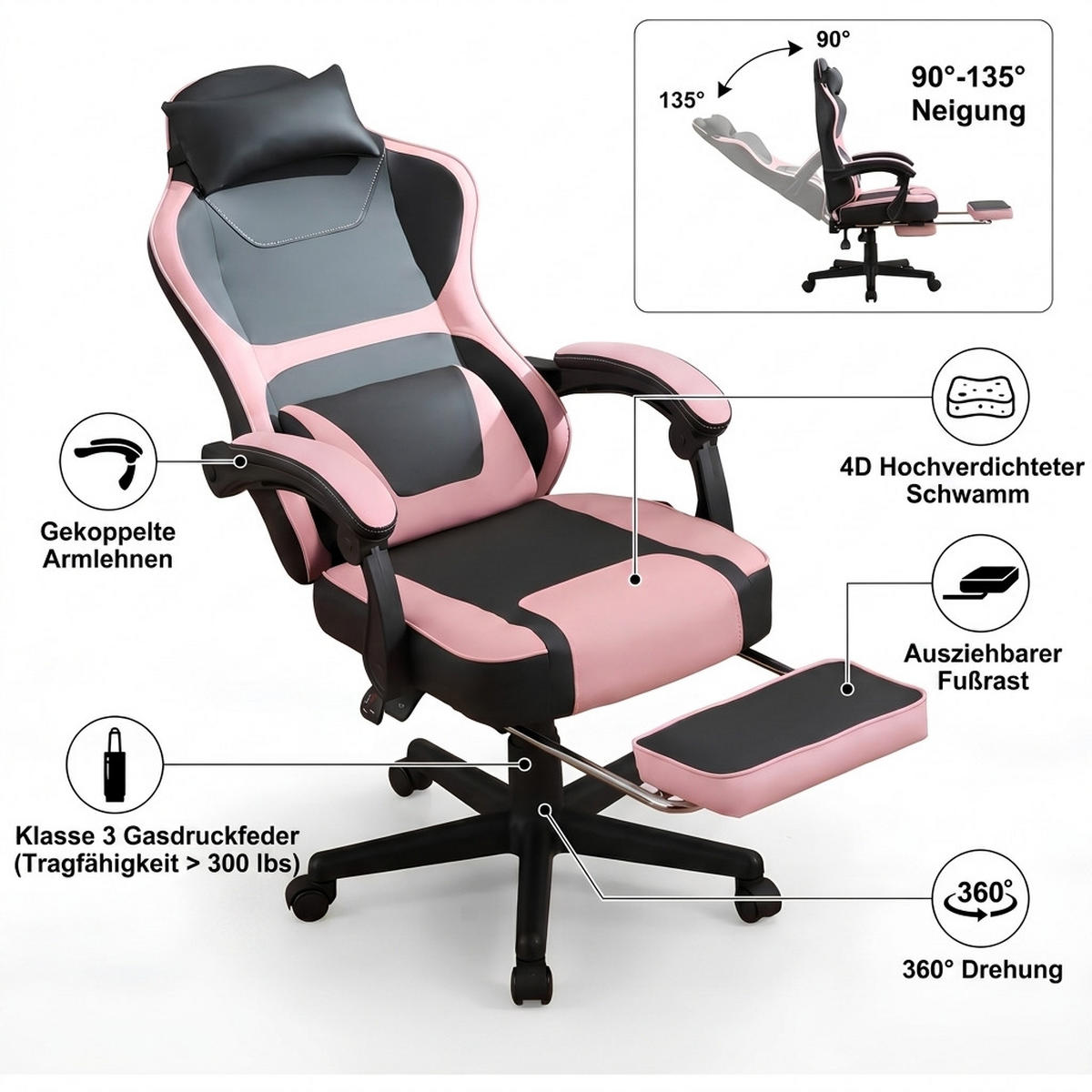 GAMING-STUHL schwarz-pink ergonomisch mit ausziehbarer Fußstütze, Nacken- und Lendenkissen, höhenverstellbar - Pink, Leder (54/116/61cm) - BRILVERDE