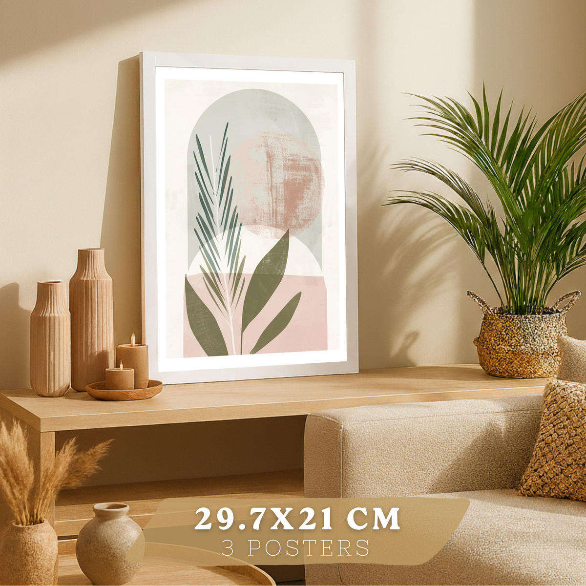 PLAKAT Sada 3 dekorativních nástěnných tisků, zelené a růžové rostliny, pro moderní dekoraci obývacího pokoje květinové motivy, velikost Bílý rám A4 - bílá, papír (21/29.7/3cm) - Nacnic