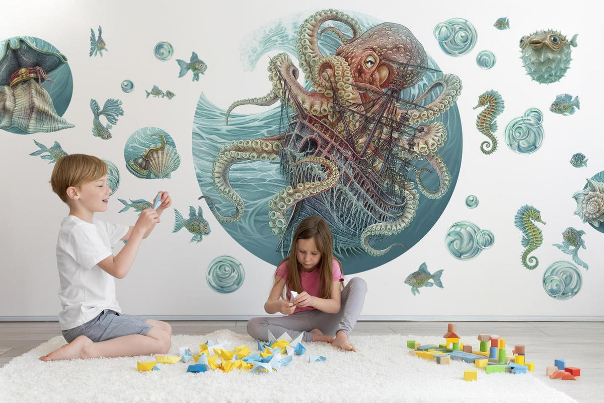 WANDAUFKLEBER 100x116cm - Die Welt des Oktopus - Multicolor, Kunststoff (100/116/0.1cm) - Wallfluent