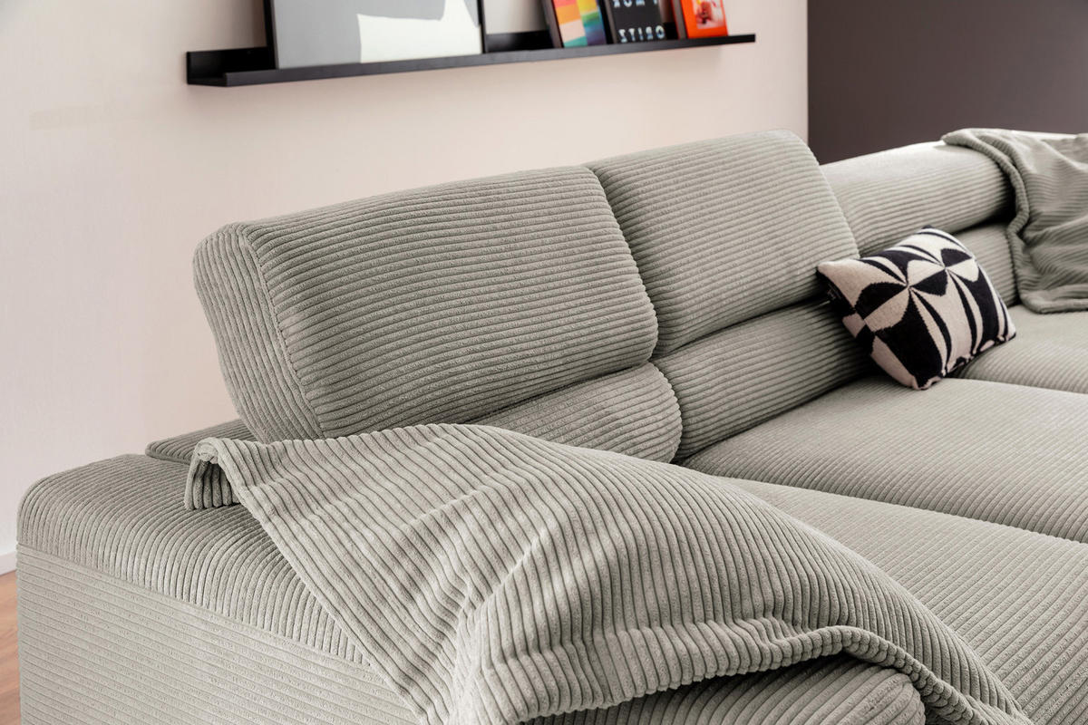 ECKSOFA MIT MOTORISCHEM SITZVORZUG DELIA Steingrau Cord - Greige/Schwarz, Textil/Metall (312/219cm) - KAWOLA