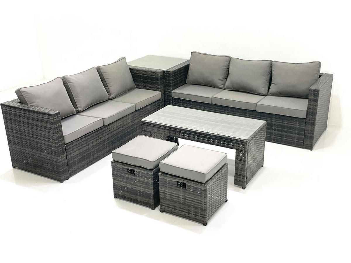 GARTENMÖBEL COUCHTISCH SET mit Sofa Polyrattan Outdoor 8-Sitzer - Dunkelgrau/Grau, Glas/Kunststoff - Fimous